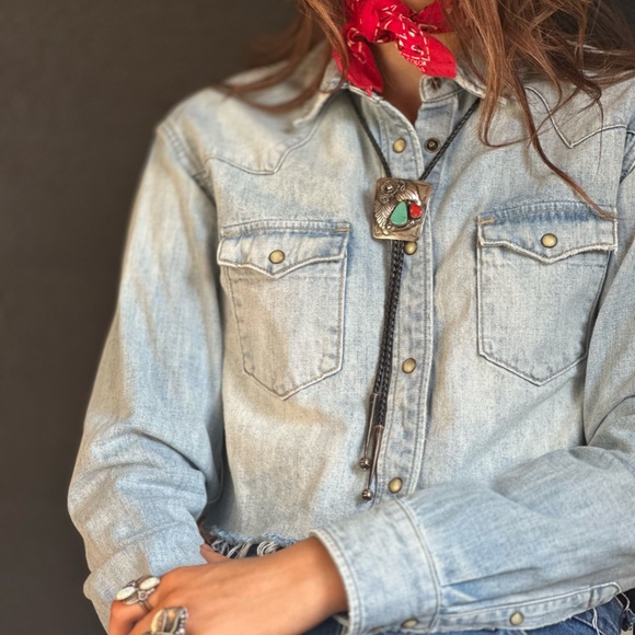 ALL SAINTS Denim Western Shirt Cropped Factory Raw Hem XS - Picture 2 of 10